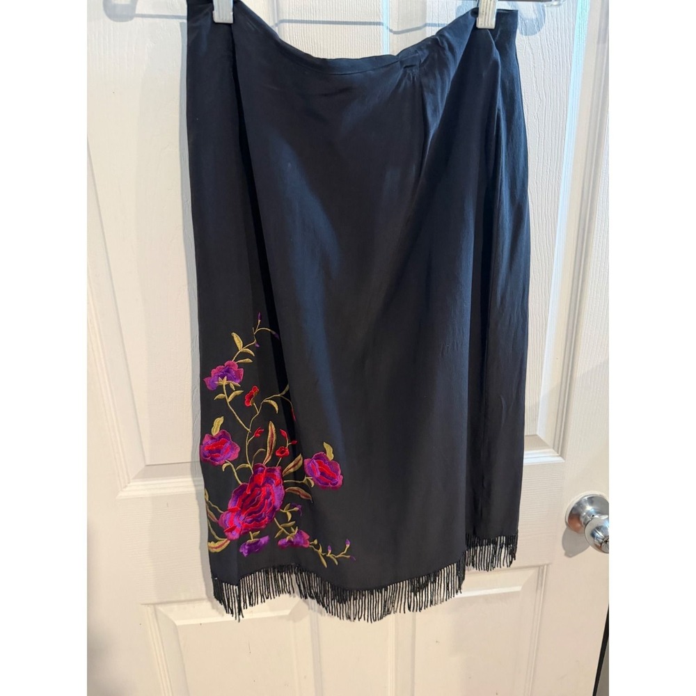 Clio Black 100% Silk Floral Embroidered Beaded Fringe Midi Skirt Womens Size 8